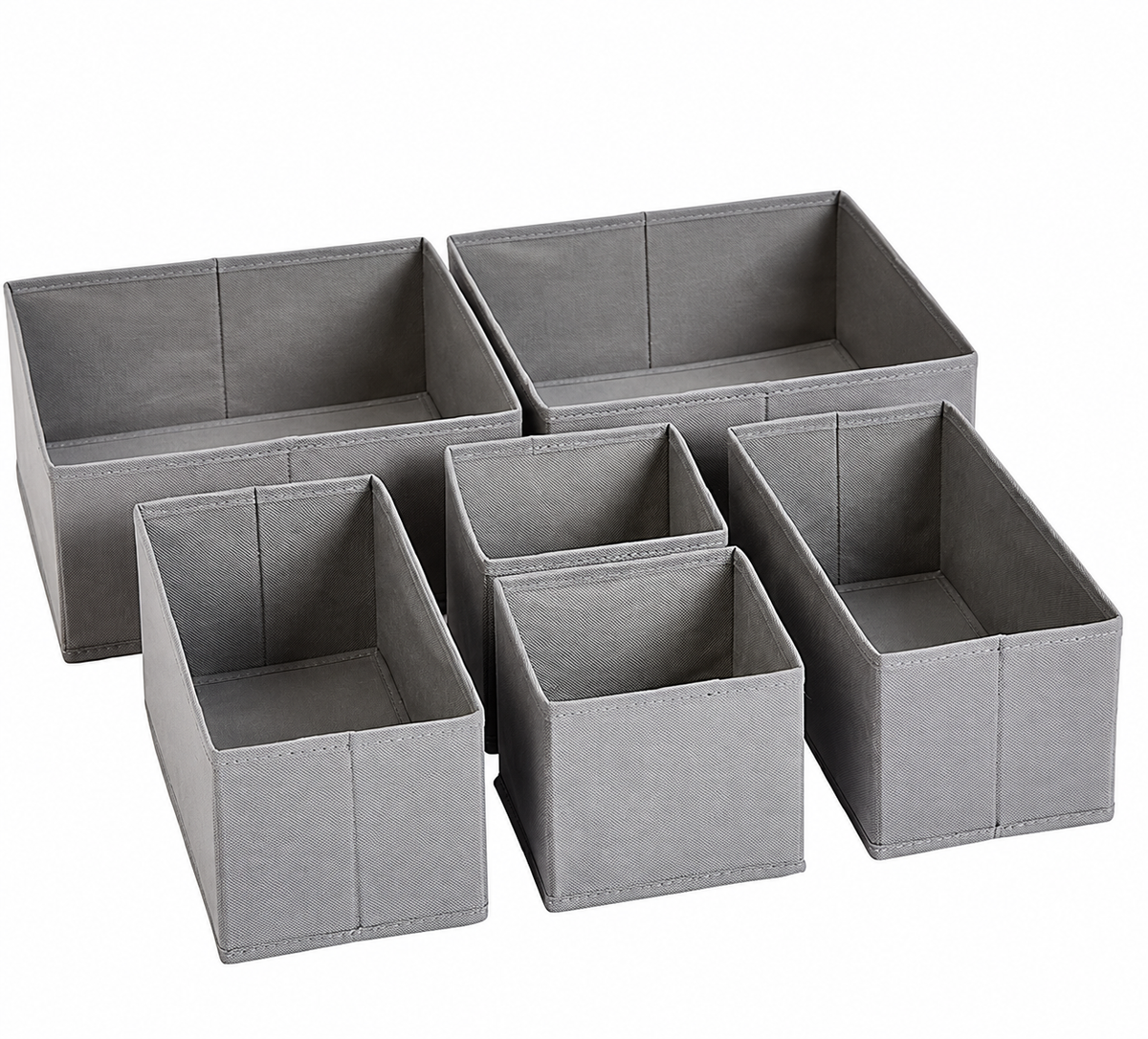 Six Grey Collapsible Cloth Drawer Organizer Boxes in Three Sizes - view 2