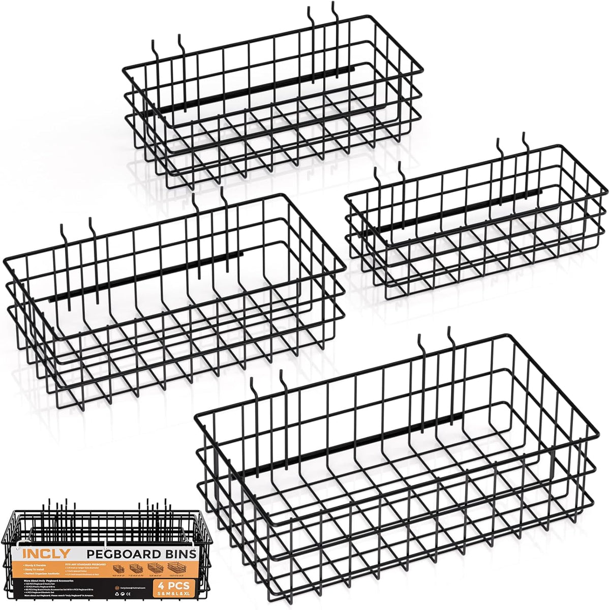 Four-Size Black Metal Pegboard Storage Basket Set