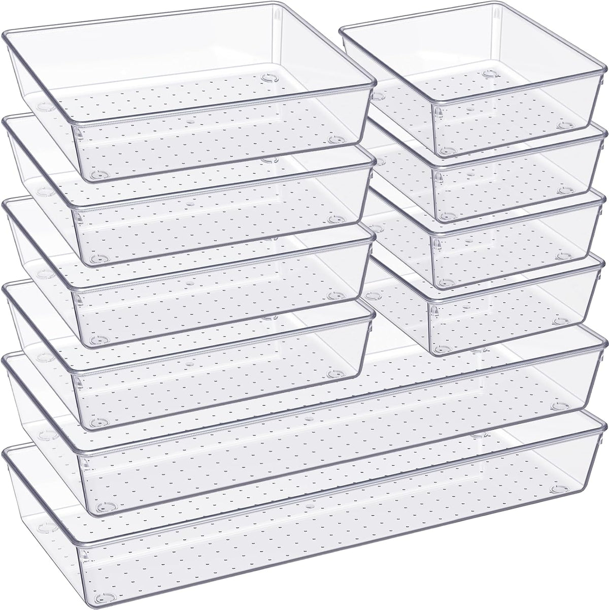 10-Piece Clear PET Drawer Organizer Tray Set in Three Sizes
