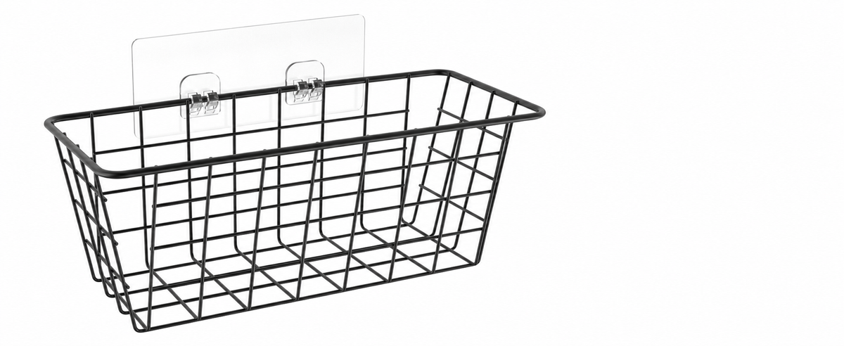 Two Black Steel Wire Storage Baskets with Adhesive Mounts