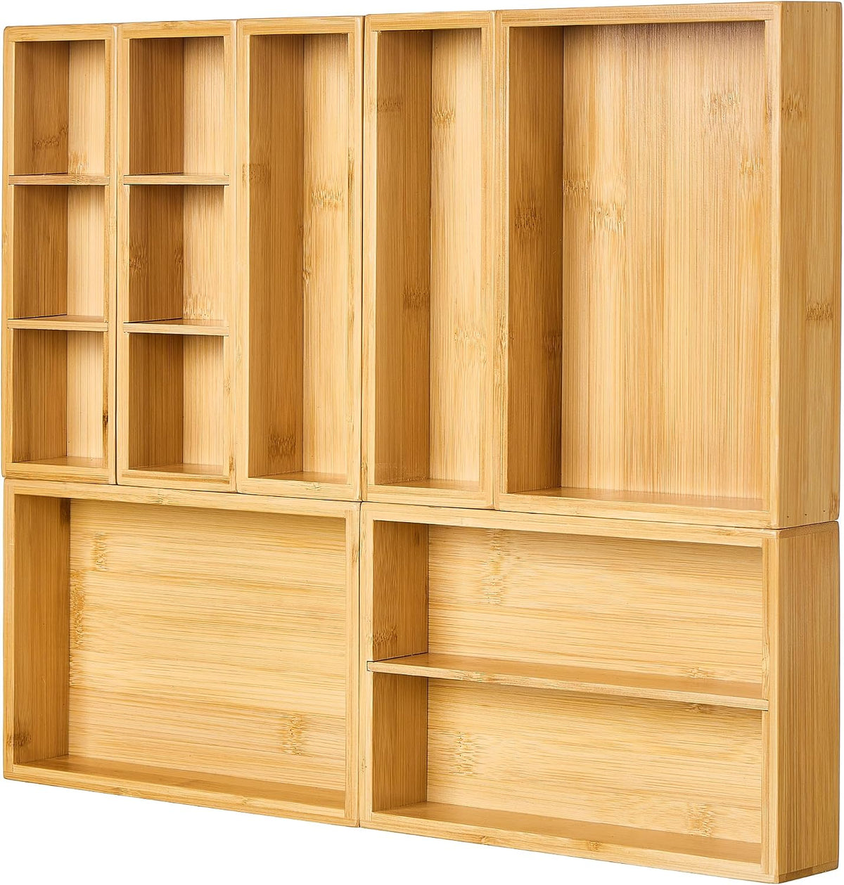 Seven-Piece Bamboo Drawer Organizer Tray Set with Removable Dividers