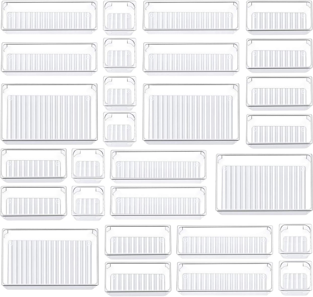 28-Piece Clear Polystyrene Drawer Organizer Tray Set with Wavy Bases
