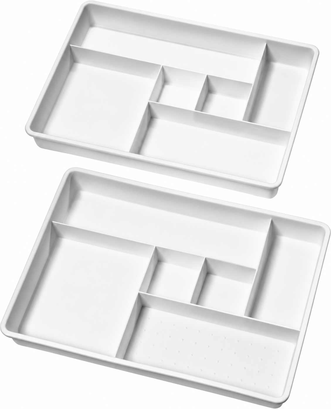 Two White Six-Compartment Plastic Drawer Organizer Trays
