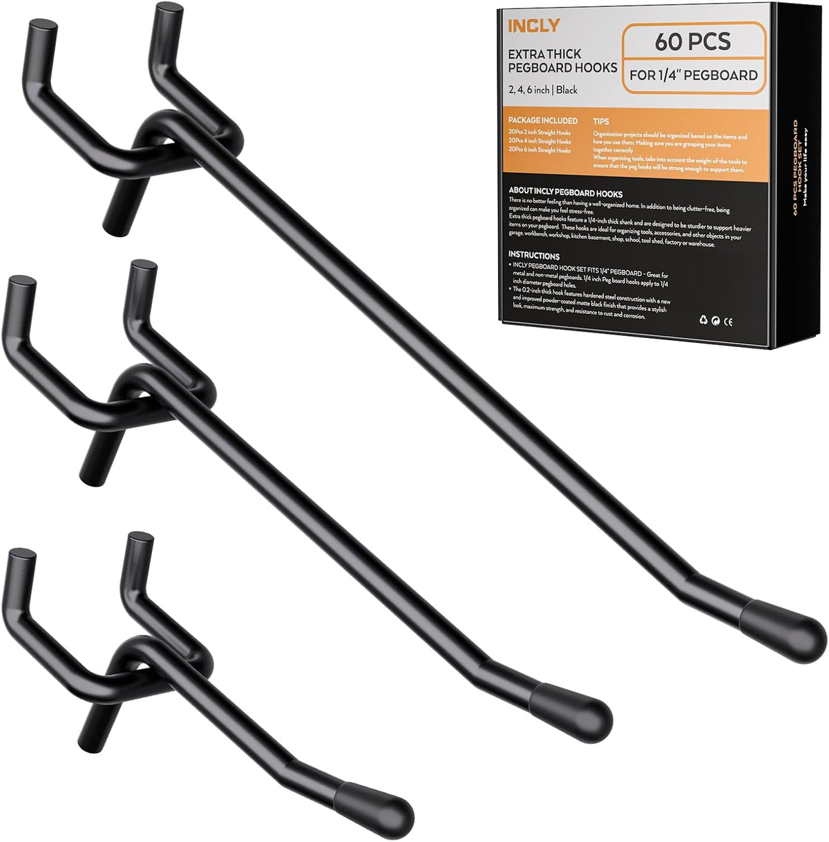 60 Black Steel Pegboard Hooks in Three Lengths