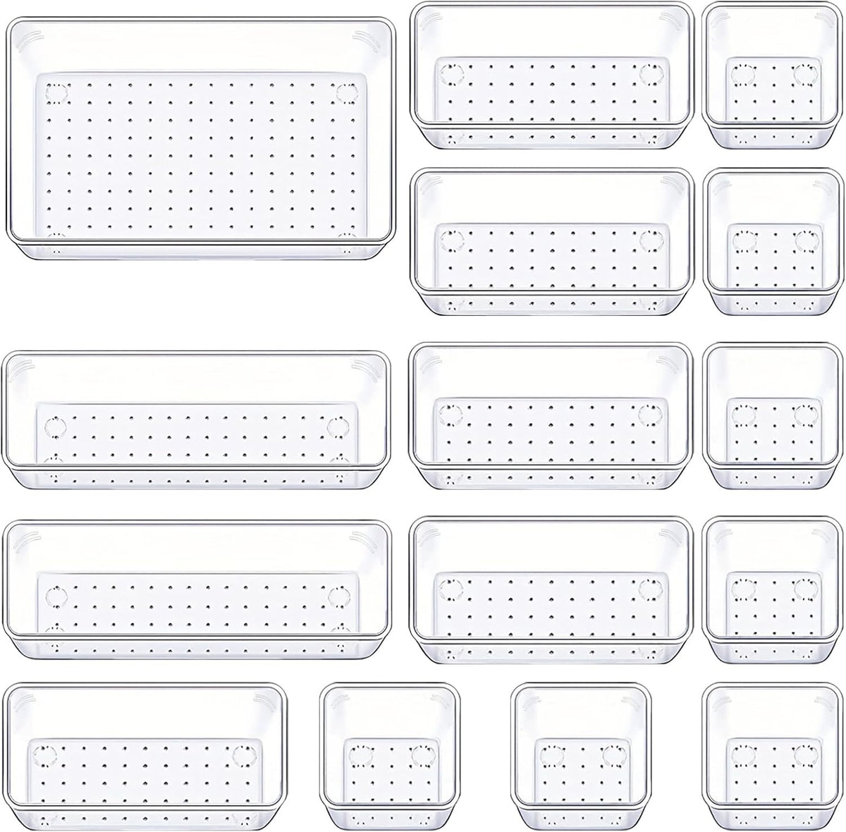 15-Piece Clear Plastic Drawer Organizer Tray Set in Four Sizes