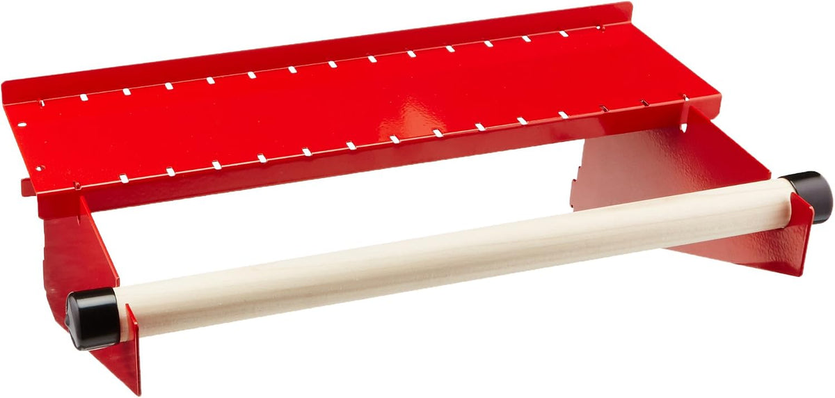 Red Steel Slotted-Pegboard Shelf with Wooden Dowel Roll Holder
