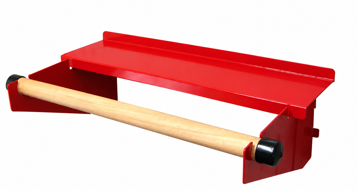 Red Steel Slotted-Pegboard Shelf with Wooden Dowel Roll Holder - view 2