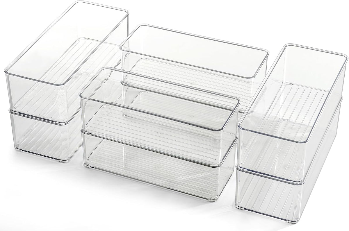 8-Piece Clear Deep Drawer Organizer Bin Set in Two Sizes
