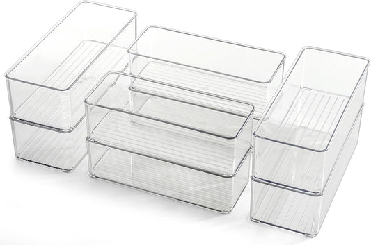 8-Piece Clear Deep Drawer Organizer Bin Set in Two Sizes