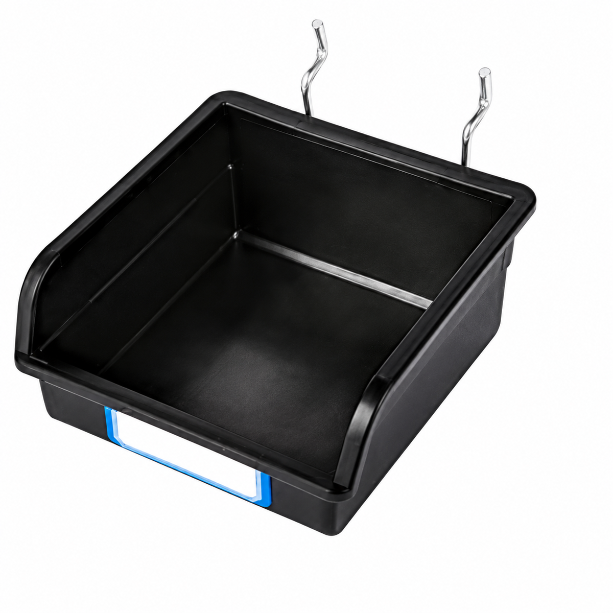 Black Polypropylene Pegboard Storage Bins with Metal Hooks and Labels