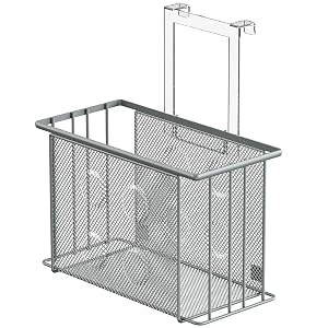 Silver Mesh Over-Cabinet Door Storage Basket with Clear Plastic Hanger