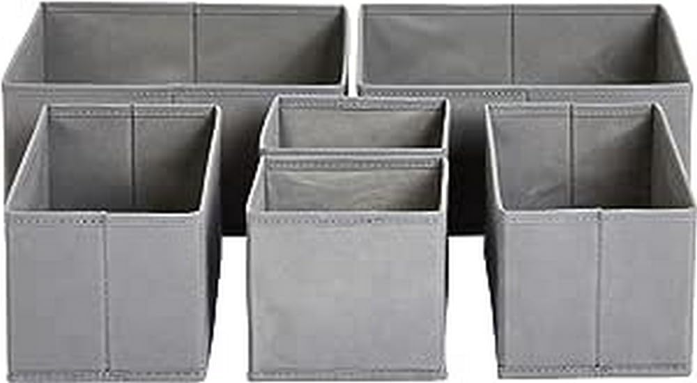 Six Grey Collapsible Cloth Drawer Organizer Boxes in Three Sizes