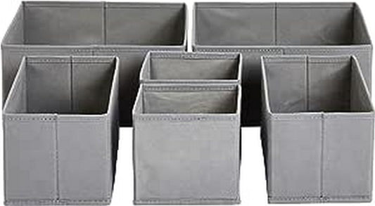 Six Grey Collapsible Cloth Drawer Organizer Boxes in Three Sizes