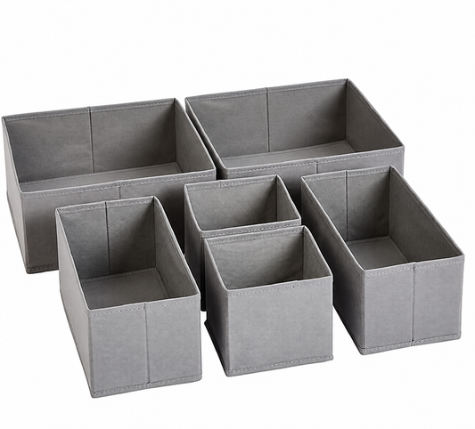 Six Grey Collapsible Cloth Drawer Organizer Boxes in Three Sizes - view 2
